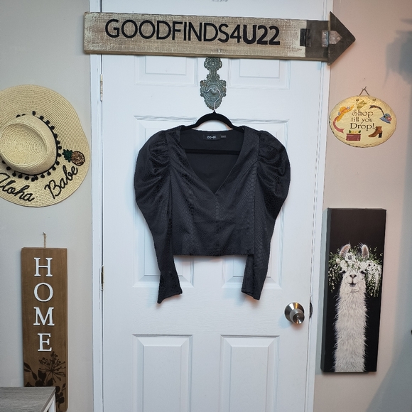 Do+Be Black Rushed Puff Sleeve Geometric Crop Top Gothic Sexy M whimsygoth - Picture 1 of 10